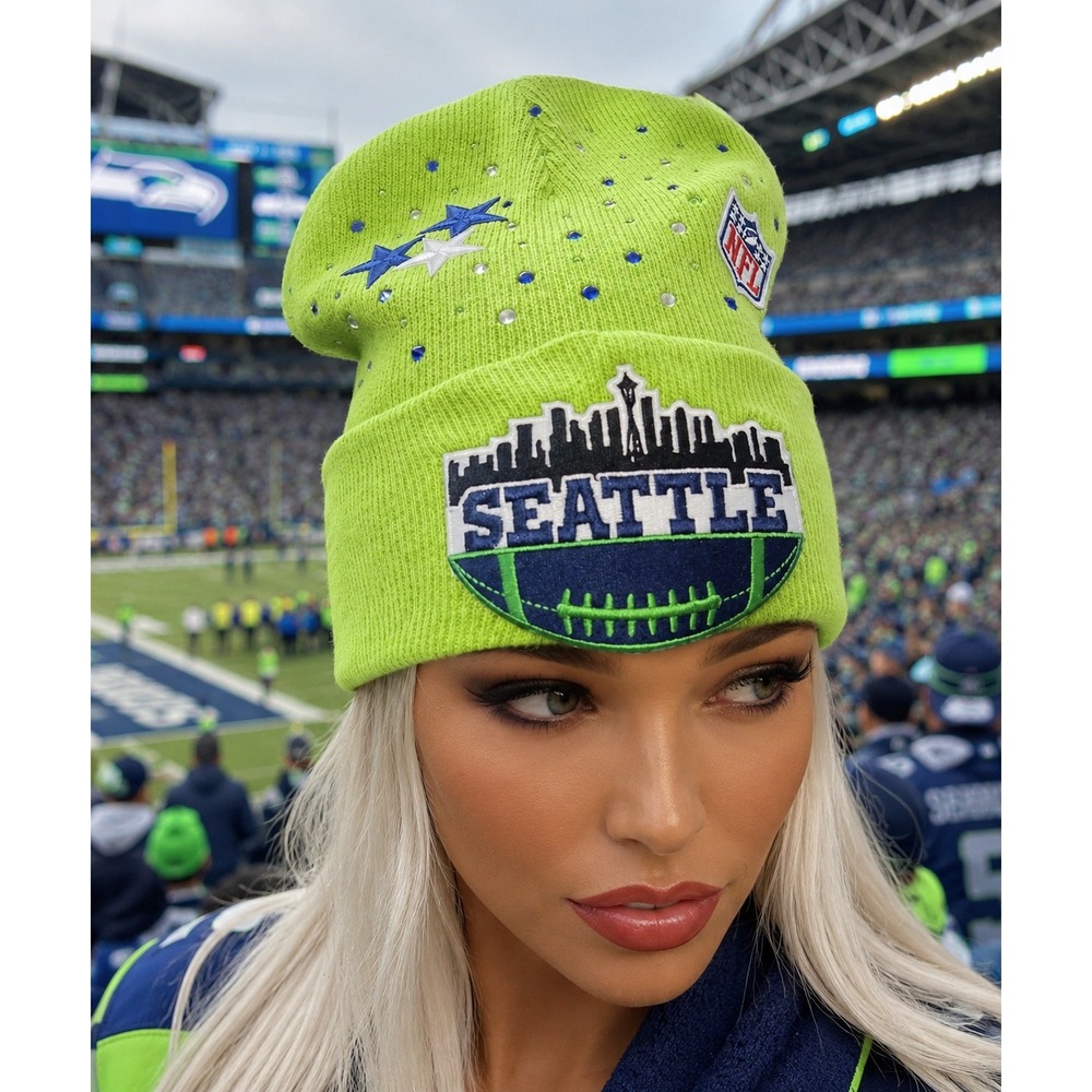 Seattle Seahawks NFL Rhinestone Beanie Neon Green Skyline Star Knit Hat Womens